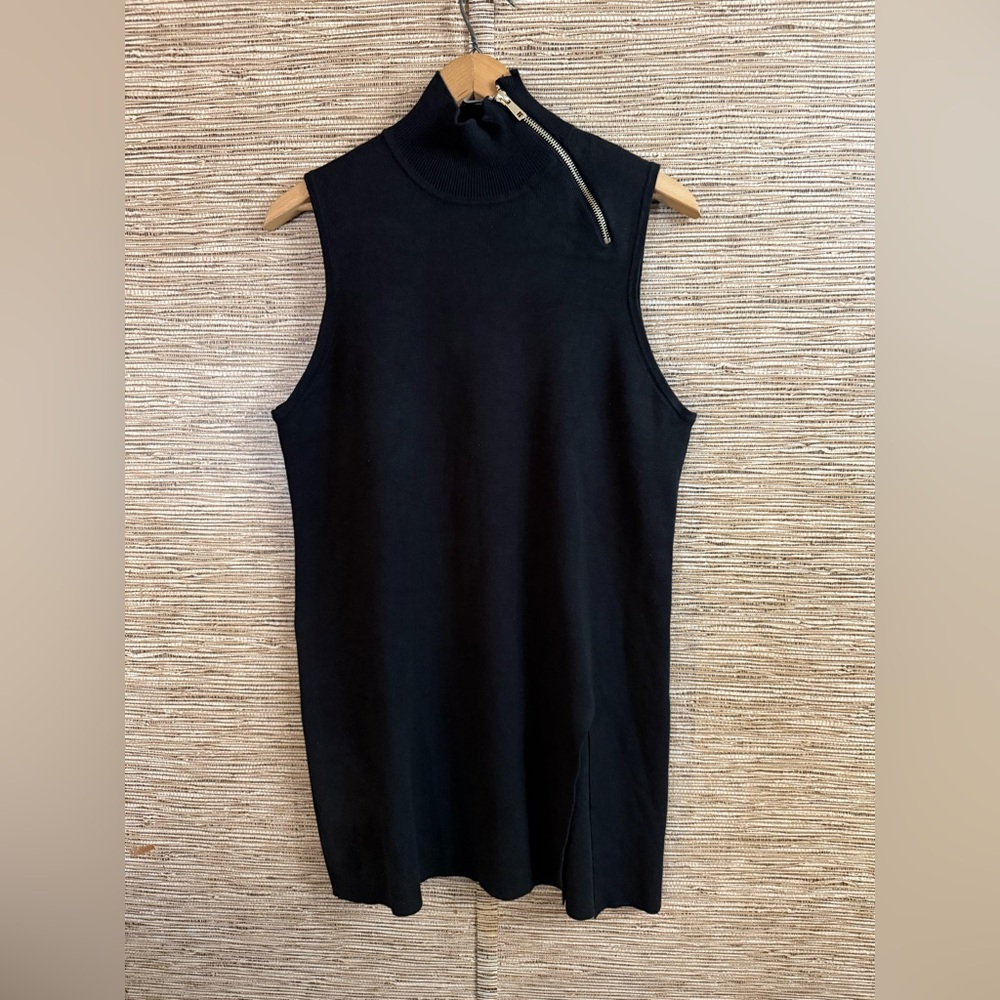 Cable & Gauge Sweater Tunic Dress Mock Turtle Neck Asymmetrical Zip Black Size L